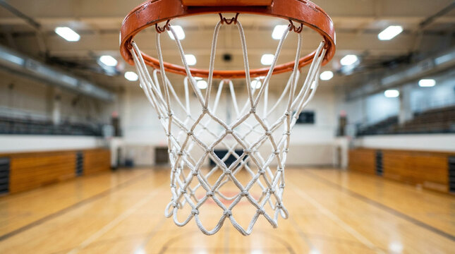 Basketball hoop and net in indoor gymnasium court
