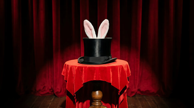 Rabbit ears emerging from a black magician top hat on a red velvet table