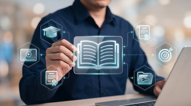 Manager using digital pen to select book icon from holographic interface for digital library and corporate knowledge management system in professional setting