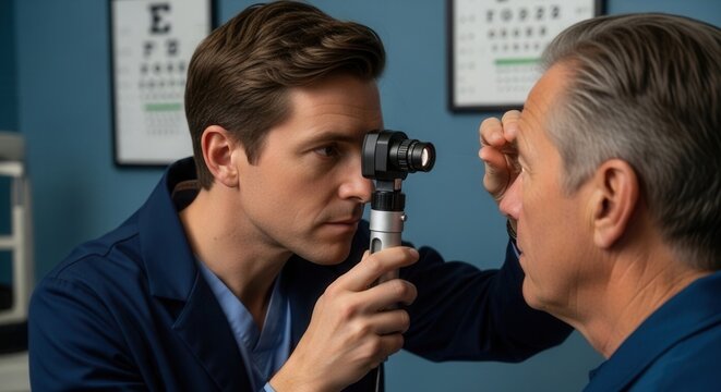 Ophthalmologist examining patient's eye with ophthalmoscope during medical check-up in clinic