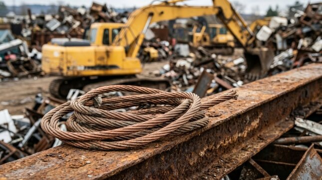 A close up view of heavy copper wire scrap coiled neatly on top of a rusty metal beam in a cluttered industrial scrapyard with excavators operating in the background