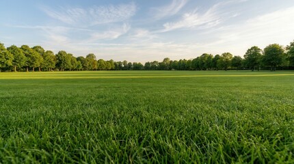 Obraz premium Beautiful sky over a vacant ground and clean grass lawn with various trees in a park