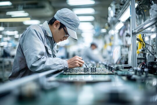 工場で電子基板を修理する男性