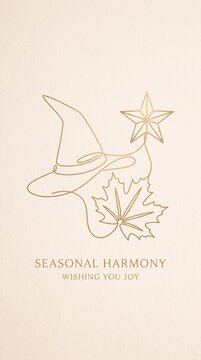 Minimalist Golden Line Art Holiday Illustration with Witch Hat, Maple Leaf, and Christmas Star on Textured Background