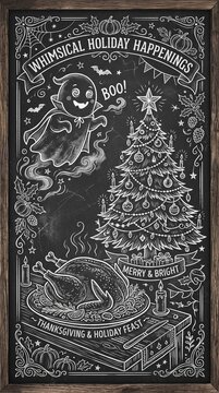 Whimsical Hand-Drawn Chalkboard Holiday Illustration with Ghost, Christmas Tree, and Roasted Turkey Feast