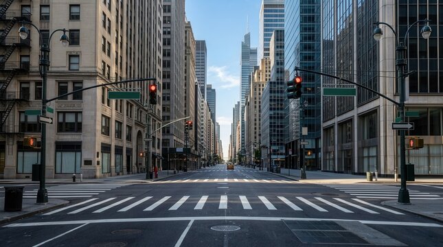 No people on the empty streets at the Manhattan New York City intersection of 23rd and 5th Avenue