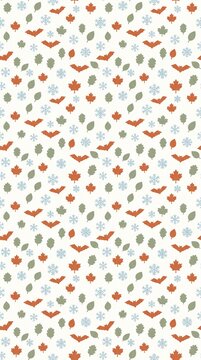 Seamless Repeating Pattern with Minimalist Autumn Leaves, Halloween Bats, and Winter Snowflakes on White Background