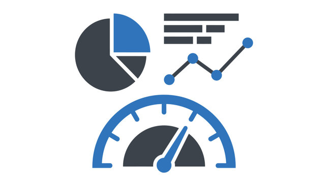 Digital business dashboard featuring blue and dark grey pie chart, line graph and speedometer icon illustration
