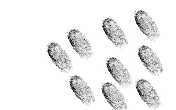 Six black fingerprints grid fading pattern forensic identity biometric security concept isolated white background