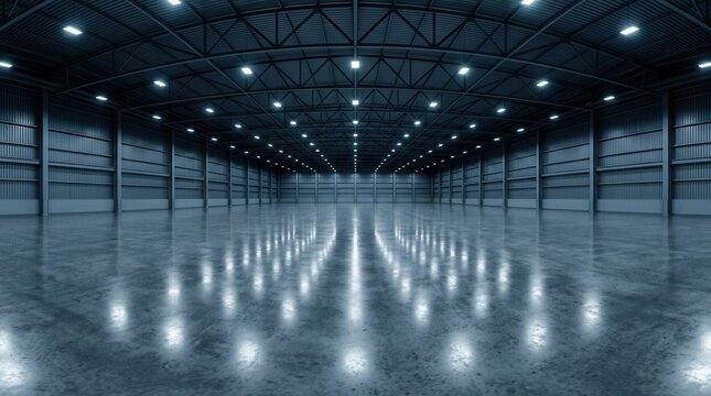 Large empty room interior as a warehouse hangar or gallery with spotlights, presented in a 360 degree full seamless spherical HDRI panorama equirectangular projection for VR AR