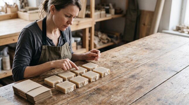 Small business owner counting handmade soap on a workbench