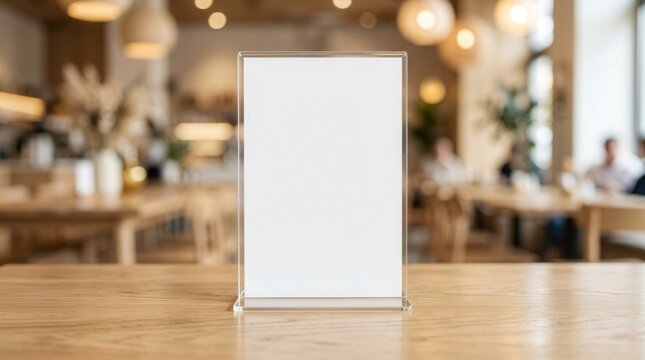 Promotion and advertising display with a blank menu stand mockup on a restaurant table