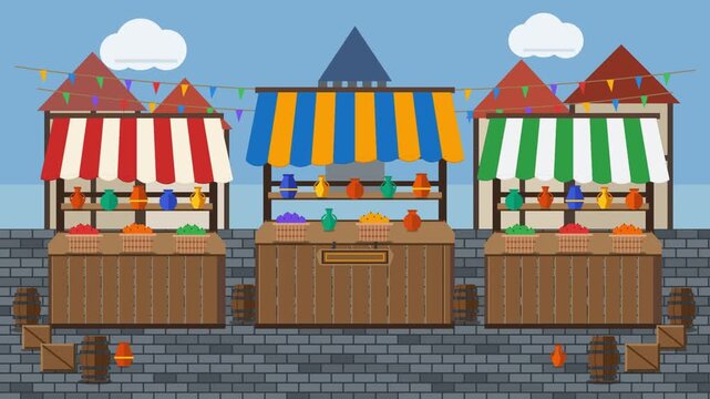 Vibrant Medieval Market Stalls at Daybreak