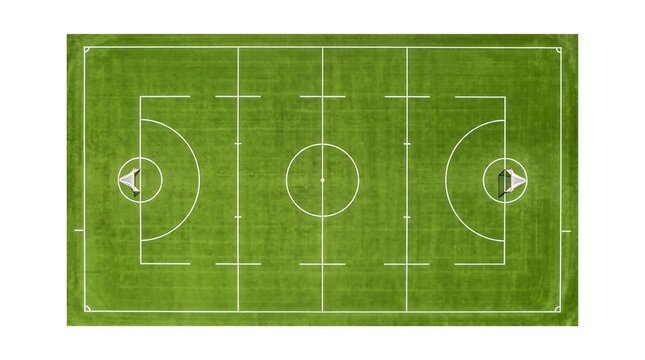 Aerial view of a professional lacrosse field with white boundary lines on green grass