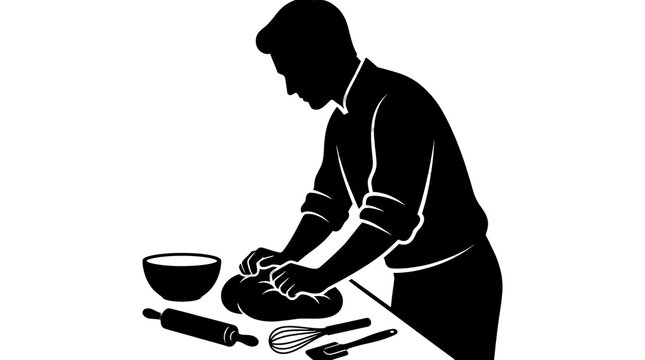 Black vector silhouette of a baker working at a counter, kneading a portion of dough with both hands, accompanied by a bowl, rolling pin, and utensils; isolated on a white and transparent background.