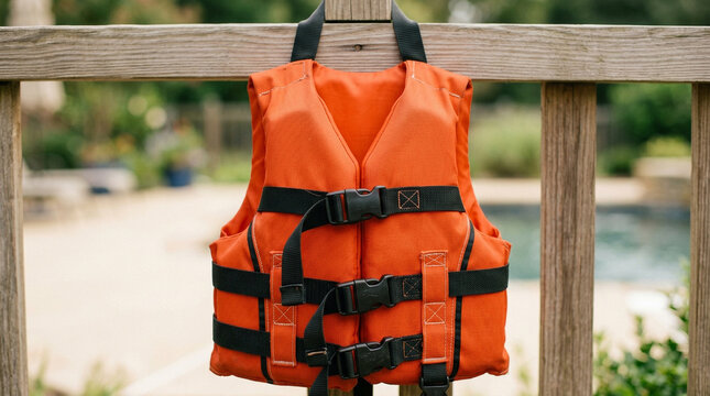 Orange life jacket hanging on wooden fence near swimming pool