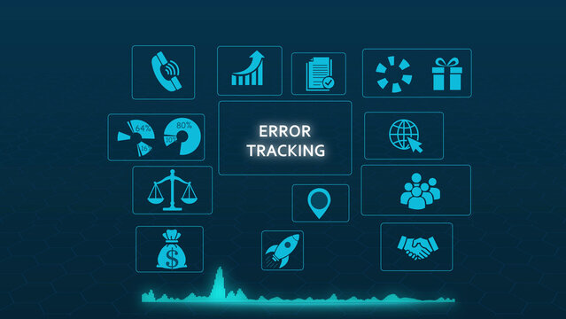 Digital interface featuring a central error tracking text box surrounded by blue glowing business including charts, a rocket, a money bag, and a handshake on a dark navy blue background