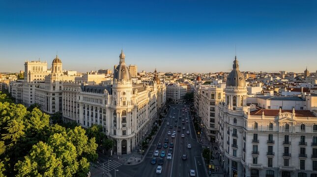 Historic Gran Via street in Madrid, Spain, captured in a panoramic aerial view during warm sunset light
