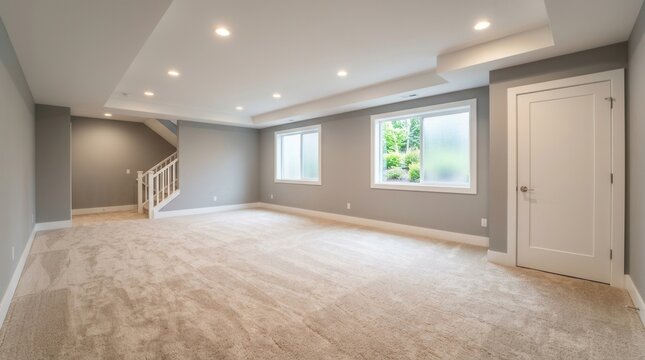 Natural light from windows illuminates this newly renovated bright basement with neutral paint and fresh carpet.