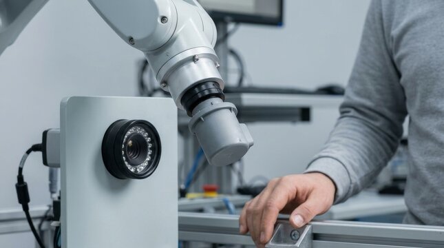 Close-up of a cobot wrist rotating a plastic part in front of an inspection camera