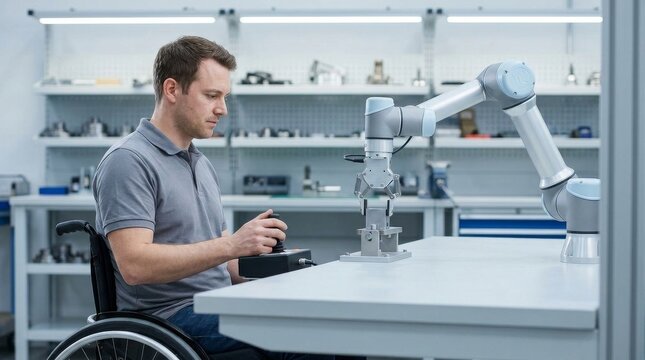 Wheelchair-user technician operating a collaborative robot with a joystick control