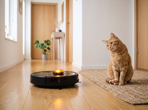 Ginger cat watching a robotic vacuum cleaner in a modern hallway