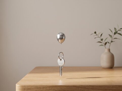 Silver key floating with small balloon above a wooden table surface