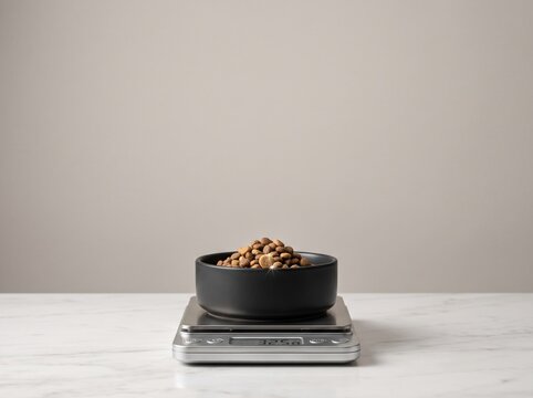 Dry pet food in a black bowl on a digital scale for portion control