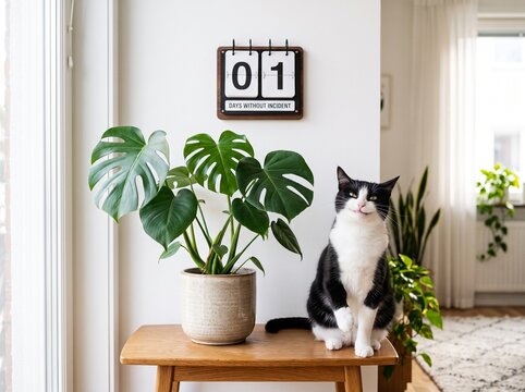 Black and white cat sitting on a wooden table with a houseplant