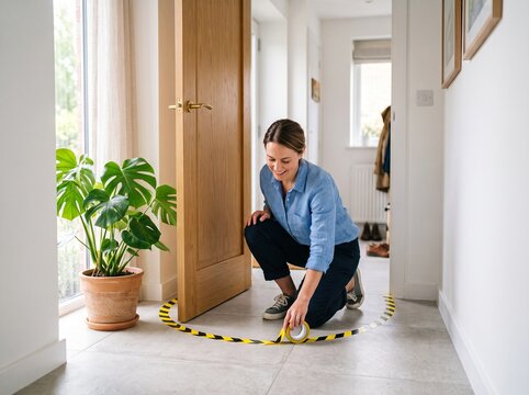 Woman applying hazard warning tape on floor in home hallway