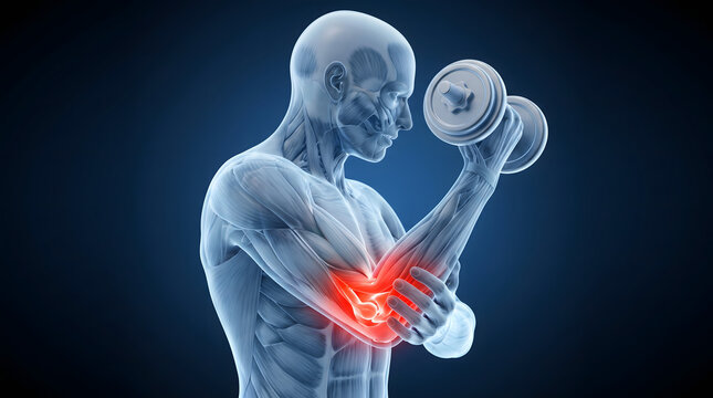 3D Medical Illustration of Athlete with Elbow Joint Pain and Inflammation