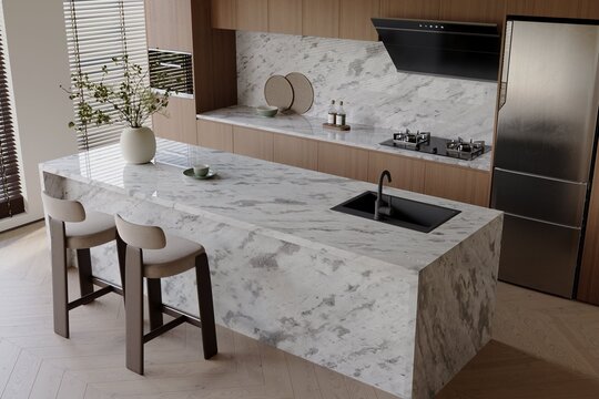 Modern galley kitchen showcasing a quartz worktop, limestone floor tiles, ribbed glass cabinetry, matte black fixtures, wooden stools, and minimal decorative accessories. 3D Rendering
