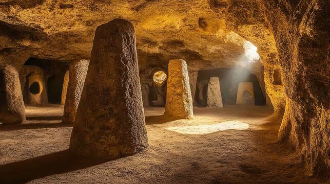 Golden stone pillars rise from a shadowy cavern, bathed in warm light, creating an evocative and mysterious underground landscape