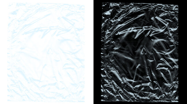 Crumpled plastic wrap texture, transparent cellophane overlay, wrinkled cling film background for packaging design and product mockups