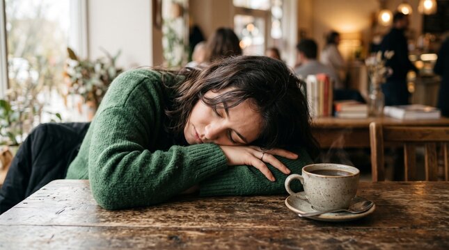 Woman resting tiredly with coffee cup indoors.
