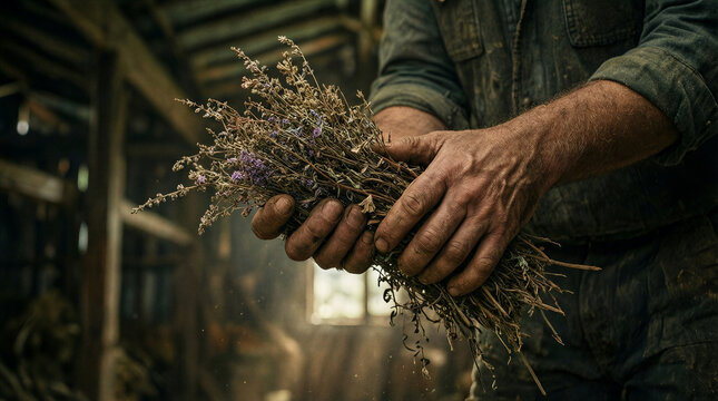 Dried herbs gathering by farmer with weathered hands inside rustic barn setting