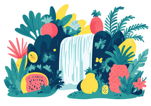Tropical Waterfall Paradise with Fruits