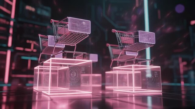 Futuristic marketplace with glowing hover shopping carts and vibrant illuminated cubes at night
