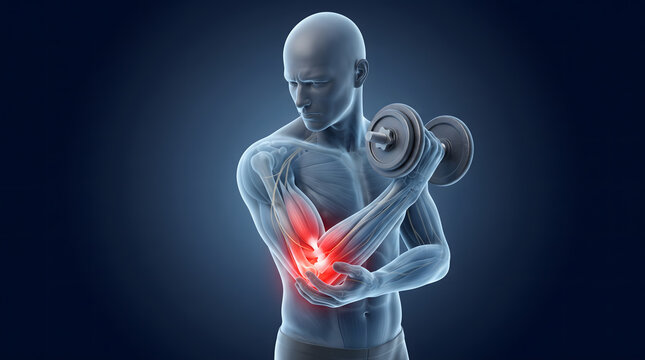 3D medical illustration of male figure experiencing elbow pain while lifting