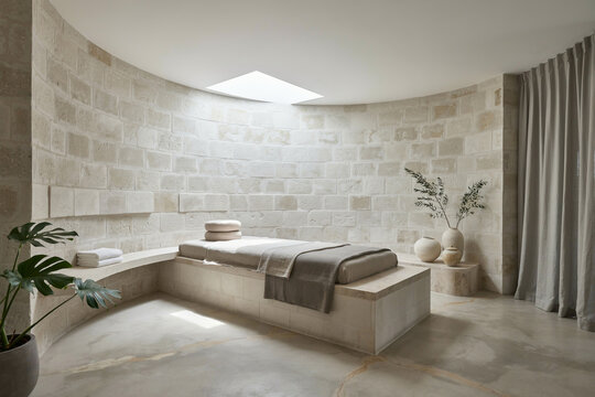 Minimalist Stone Spa Treatment Room with Natural Skylight Illumination and Organic Textures for Serene Wellness Retreat Interior Design