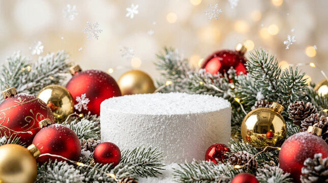 Luxury 3D Christmas Podium Background with White Pedestal and Festive Red Gold Ornaments - Variation 42