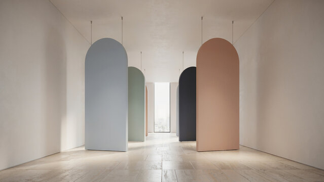 Minimalist Interior Gallery with Floating Pastel Arch Dividers and Soft Ambient Lighting in a Modern Contemporary Space
