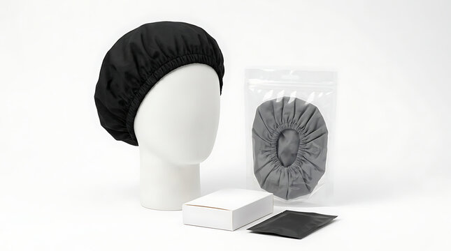 Black shower cap for hair protection and beauty, presented with packaging