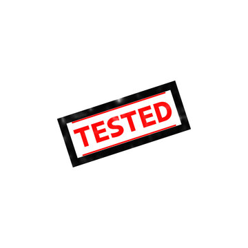 Red tested rubber stamp icon, rectangular quality control seal, verified product certification mark on white background