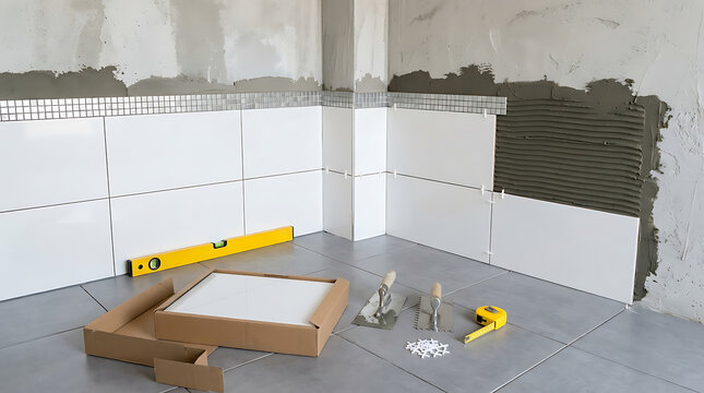 Room corner tiling renovation process featuring white ceramic wall tiles installation and tools