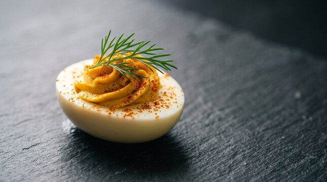 Deviled egg with paprika and dill garnish on dark slate