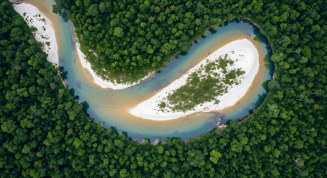 Aerial drone view of crystal clear river meandering through lush green tropical rainforest canopy