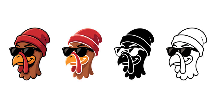 Cool turkey head mascot wearing a red beanie and sunglasses, vector illustration set of four different styles