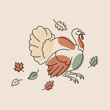 Minimalist line art illustration of a thanksgiving turkey surrounded by autumn leaves in a soft, muted color palette, perfect for seasonal design projects
