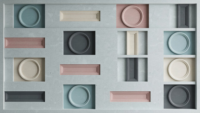 Minimalist geometric wall art featuring recessed pastel and neutral ceramic shapes arranged in a modern structured decorative pattern